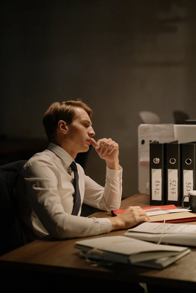 Focused adult man deep in thought while analyzing documents in a professional office setting.